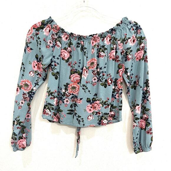 Jolt Dusty Blue w/ Pink Floral Print Off the Shoulder Tie Front Crop Top - XS - Picture 6 of 10